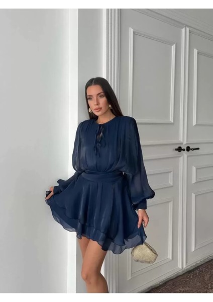 Vatkalı Jakarlı Tül Mini Elbise