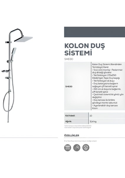 SH630 Tepe Duş Sistemi ve Liva Banyo Bataryası LV2500 fırsatları
