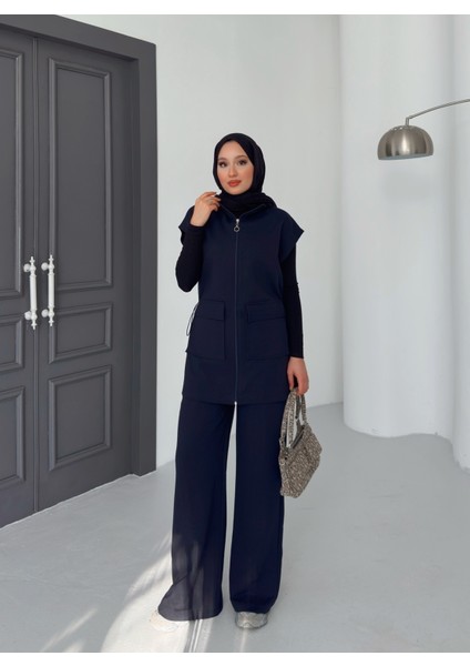 Kadın Siyah Yelek Pantolon Ikili Takım | %100 Pamuk | Rahat Kesim | Lastikli Bel | 4 Mevsim - Günlük
