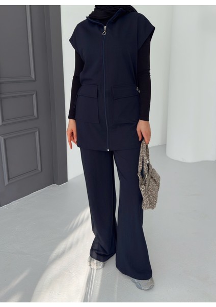 Kadın Siyah Yelek Pantolon Ikili Takım | %100 Pamuk | Rahat Kesim | Lastikli Bel | 4 Mevsim - Günlük indirimleri