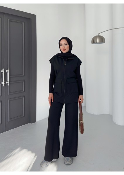 Kadın Siyah Yelek Pantolon Ikili Takım | %100 Pamuk | Rahat Kesim | Lastikli Bel | 4 Mevsim - Günlük