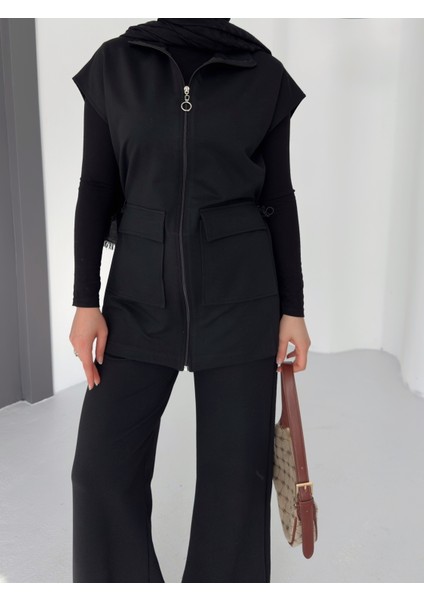 Kadın Siyah Yelek Pantolon Ikili Takım | %100 Pamuk | Rahat Kesim | Lastikli Bel | 4 Mevsim - Günlük fiyatları