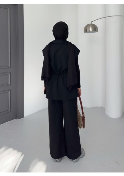 Kadın Siyah Yelek Pantolon Ikili Takım | %100 Pamuk | Rahat Kesim | Lastikli Bel | 4 Mevsim - Günlük modelleri