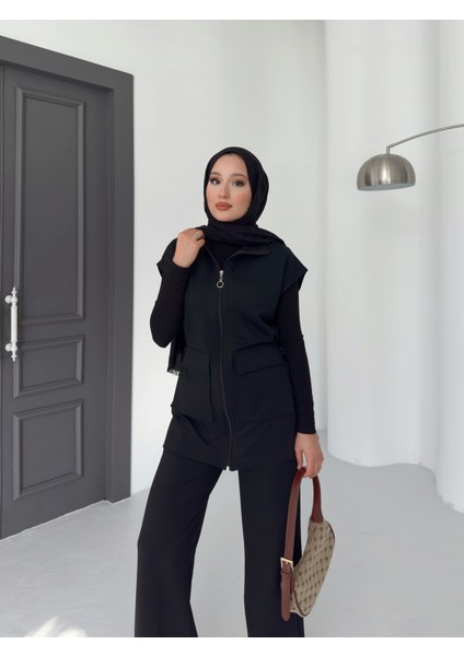 Kadın Siyah Yelek Pantolon Ikili Takım | %100 Pamuk | Rahat Kesim | Lastikli Bel | 4 Mevsim - Günlük fırsatları