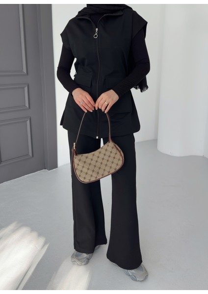 Kadın Siyah Yelek Pantolon Ikili Takım | %100 Pamuk | Rahat Kesim | Lastikli Bel | 4 Mevsim - Günlük indirimleri