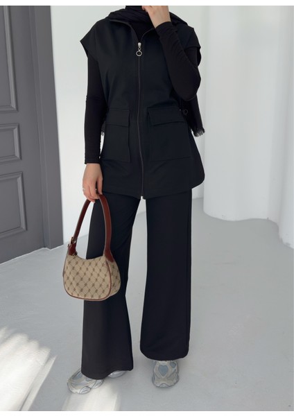 Kadın Siyah Yelek Pantolon Ikili Takım | %100 Pamuk | Rahat Kesim | Lastikli Bel | 4 Mevsim - Günlük