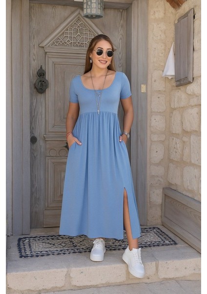 Kadın Kısa Kollu Yuvarlak Yaka Önden Yırtmaçlı Cepli Viskon Uzun Elbise modelleri