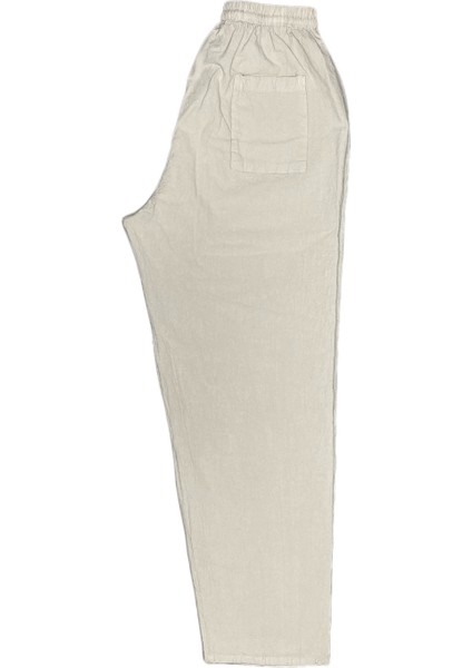 %100 Pamuk, Keten Kumaştan Beli Lastikli ve Bağcıklı Erkek Pantolon(Solma ve Çekme Yapmaz)