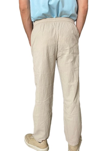 %100 Pamuk, Keten Kumaştan Beli Lastikli ve Bağcıklı Erkek Pantolon(Solma ve Çekme Yapmaz)