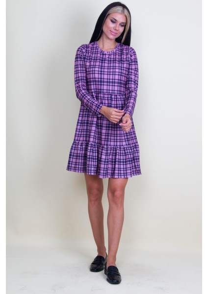 Ekose Desenli Bel Kısmı Lastikli Etek Ucu Volanlı Elbise