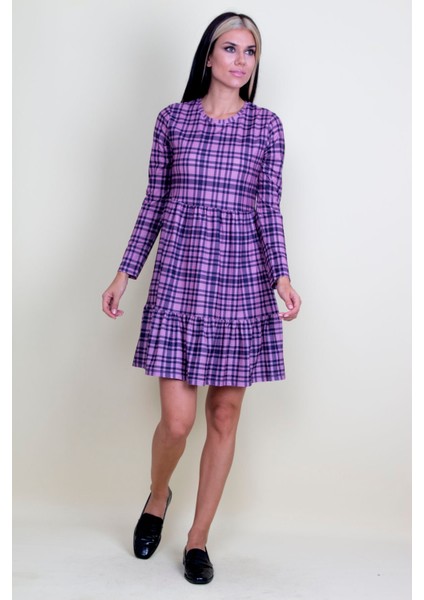 Ekose Desenli Bel Kısmı Lastikli Etek Ucu Volanlı Elbise