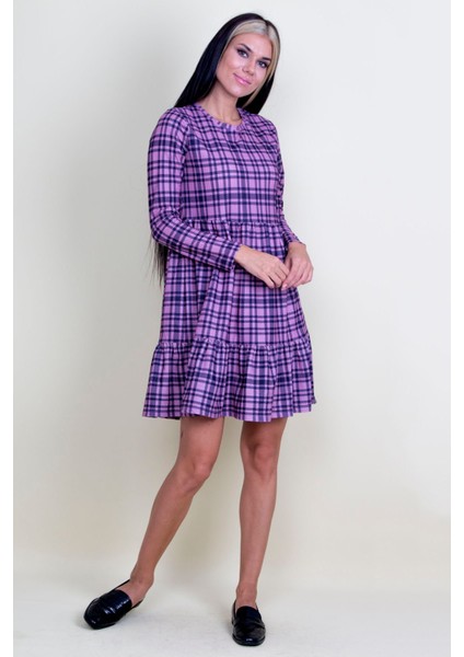 Ekose Desenli Bel Kısmı Lastikli Etek Ucu Volanlı Elbise