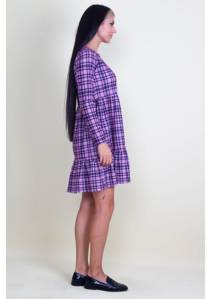 Ekose Desenli Bel Kısmı Lastikli Etek Ucu Volanlı Elbise