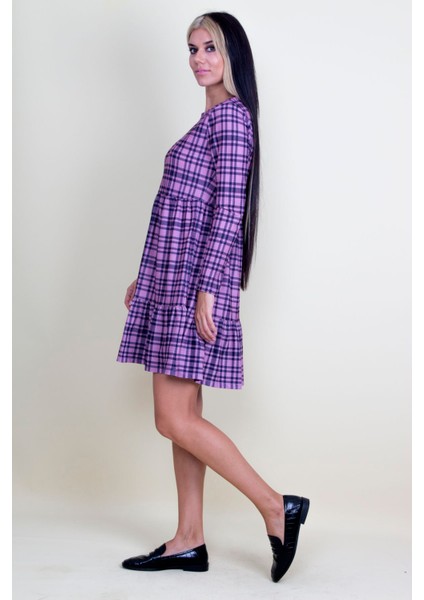 Ekose Desenli Bel Kısmı Lastikli Etek Ucu Volanlı Elbise