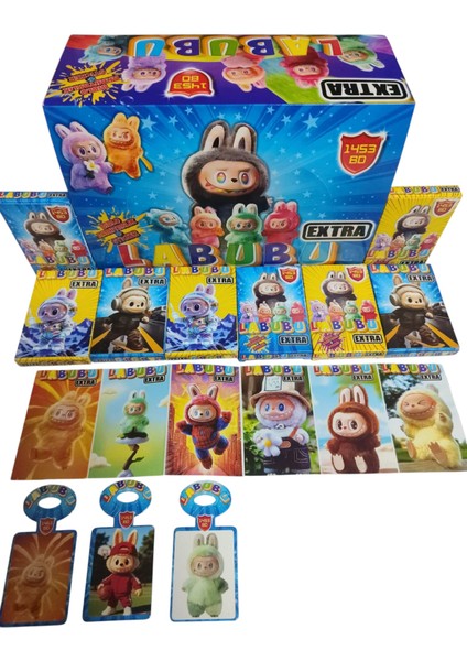 Labubu Ekstra Oyun Kağıtları 5 Mini Kutu | 15 Karakter Sticker + 5 Biblo Anahtarlık Seti