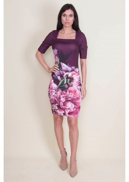 Kadın Mürdüm Yaka Detaylı Çiçek Desen Elbise