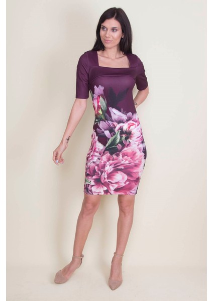 Kadın Mürdüm Yaka Detaylı Çiçek Desen Elbise