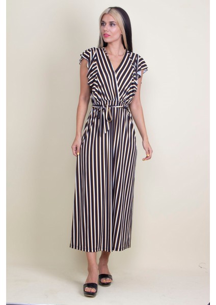 Kadın Siyah Volan Kollu Anvelop Elbise