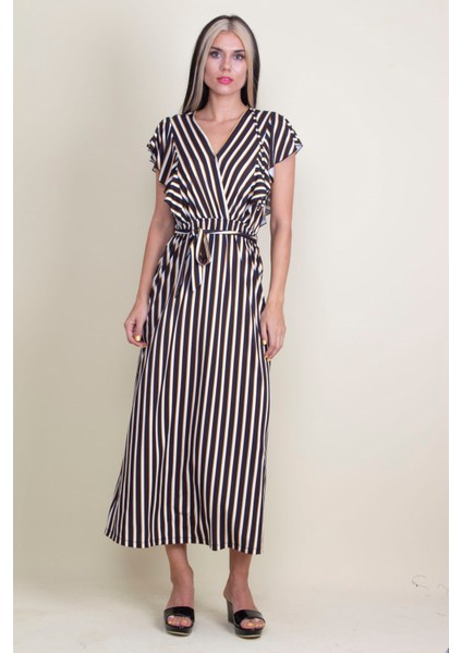 Kadın Siyah Volan Kollu Anvelop Elbise