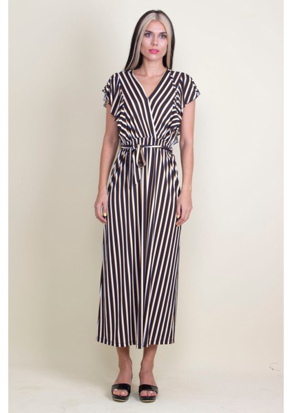 Kadın Siyah Volan Kollu Anvelop Elbise