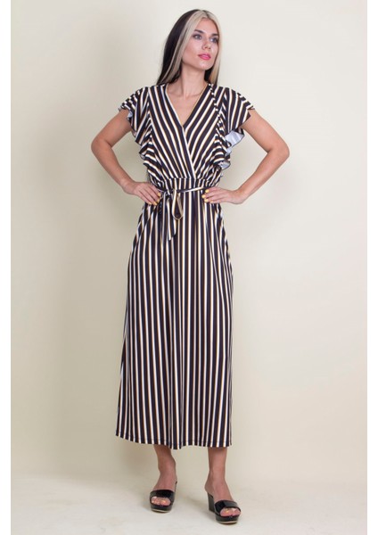 Kadın Siyah Volan Kollu Anvelop Elbise