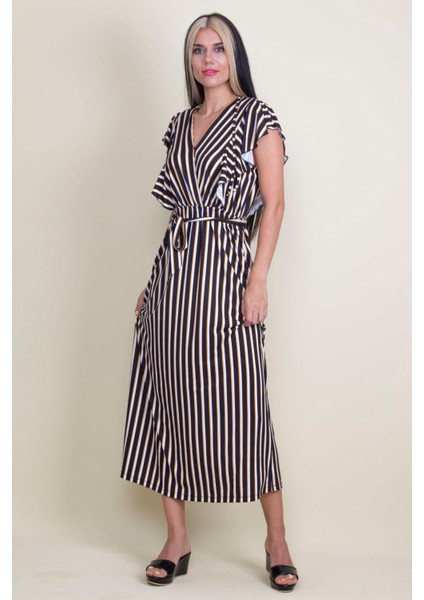 Kadın Siyah Volan Kollu Anvelop Elbise