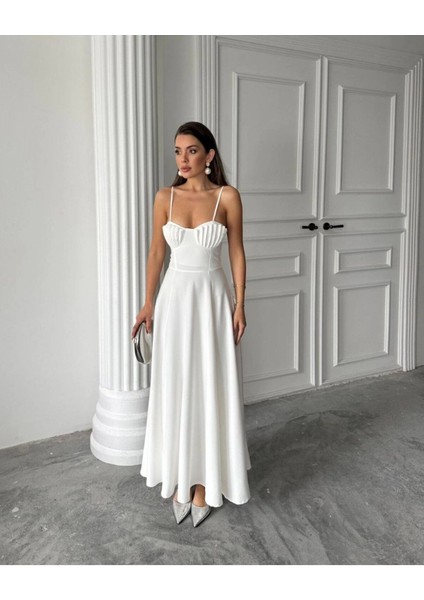 Kadın Istiridye Göğüs Detaylı Uzun Askılı Elbise