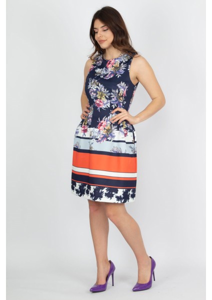 Kadın Lacivert Pano Desen Elbise 26N15088