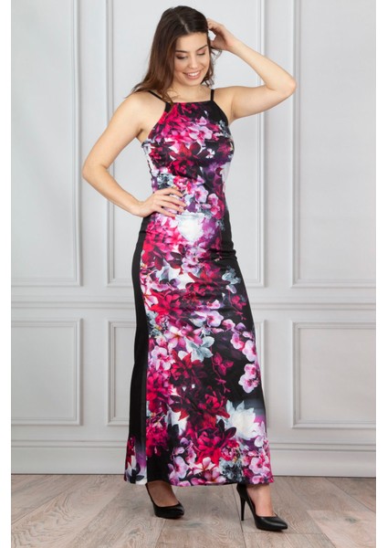 Kadin Siyah Desenli Uzun Elbise 26N14377