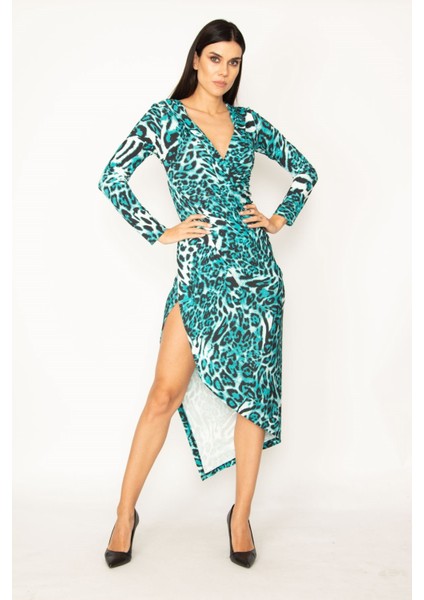 Kadın Yeşil Leopar Desenli Yırtmaçlı Elbise
