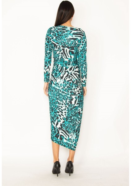 Kadın Yeşil Leopar Desenli Yırtmaçlı Elbise
