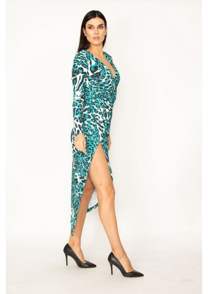 Kadın Yeşil Leopar Desenli Yırtmaçlı Elbise