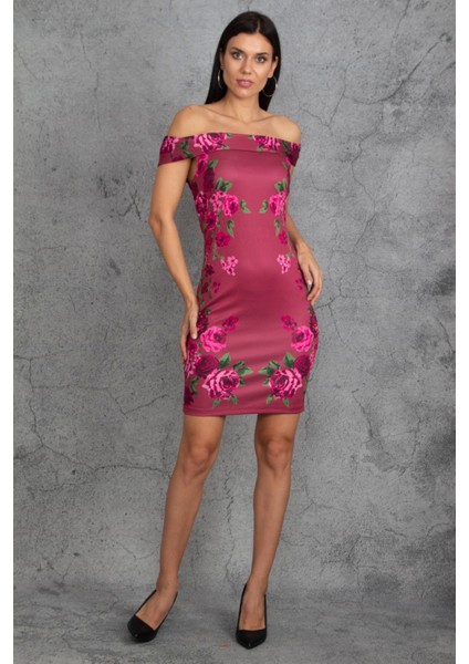 Kadın Bordo Omuz Detaylı Çiçek Desenli Elbise