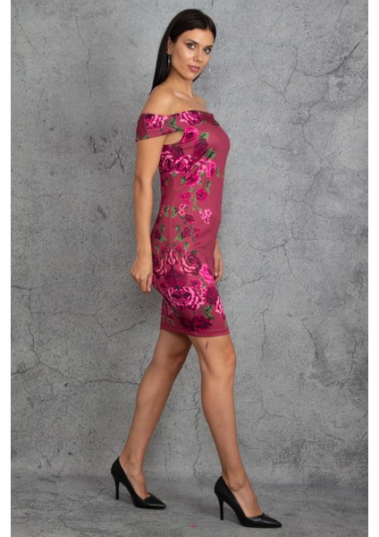 Kadın Bordo Omuz Detaylı Çiçek Desenli Elbise