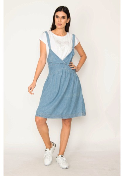 Kadın Mavi Askılı Anvelop Kot Elbise