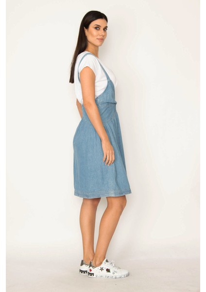 Kadın Mavi Askılı Anvelop Kot Elbise