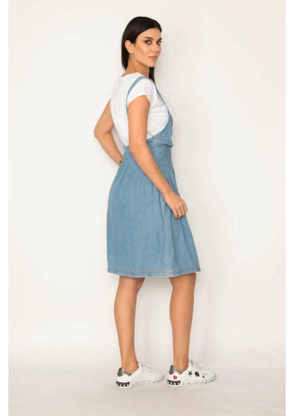 Kadın Mavi Askılı Anvelop Kot Elbise