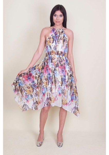Kadın Renkli Ip Askılı Bel Lastik Detaylı Çiçek Desenli Astarlı Elbise