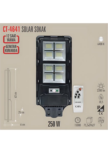 Solar Sokak Aydınlatma Cata CT-4641 Uzaktan Kumandalı,12 Saat Yanma, Sensörlü fiyatları
