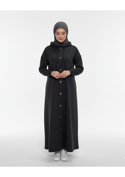 2274_KADIN Antrasit Gri Kapüşonlu Çıtçıtlı 3 Iplik Uzun Kap – Oversize Cepli Mevsimlik Tesettür Dış Giyim