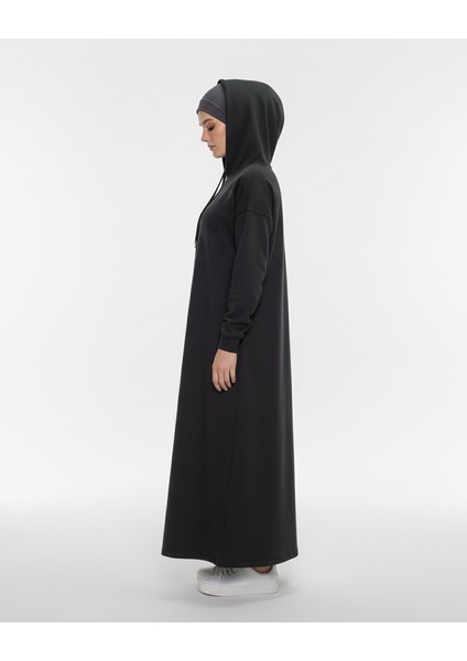 2274_KADIN Antrasit Gri Kapüşonlu Çıtçıtlı 3 Iplik Uzun Kap – Oversize Cepli Mevsimlik Tesettür Dış Giyim fırsatları