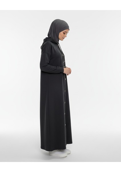 2274_KADIN Antrasit Gri Kapüşonlu Çıtçıtlı 3 Iplik Uzun Kap – Oversize Cepli Mevsimlik Tesettür Dış Giyim indirimleri