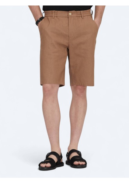 Kahverengi Dokuma Jogging Fit Casual Pamuk Karışımlı Bermuda