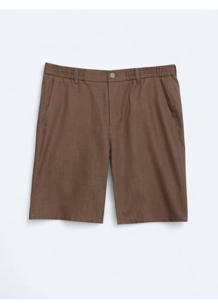 Kahverengi Dokuma Jogging Fit Casual Pamuk Karışımlı Bermuda
