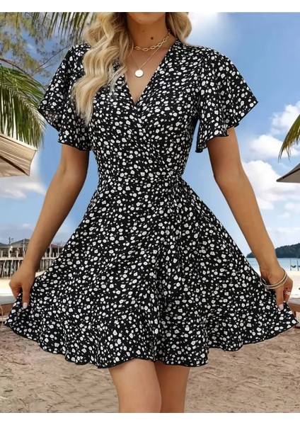 Kadın Kısa Kollu Kolu ve Eteği Volanlı Fırfırlı Çiçek Desenli Mini Elbise fiyatları