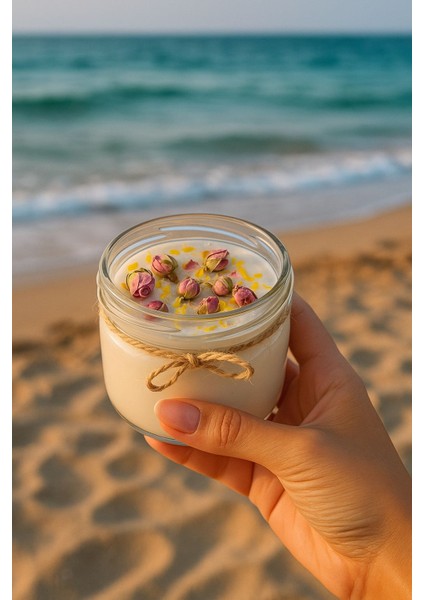 Meditasyon ve Enerji Mum Sandal Ağacı Kokulu El Yapım Kuru Güllü 330 gr %100 Soy Wax
