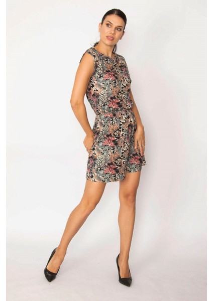 Kadın Renkli Kayık Yaka Kolsuz Çiçek Desenli Viskon Elbise fırsatları