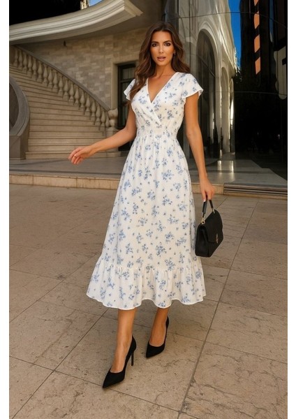 Kadın Kısa Kollu Kruvaze Yakalı Beli Lastikli Çiçek Desenli Elbise