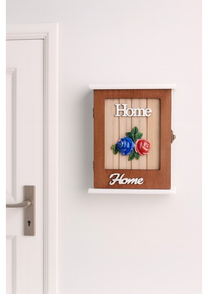 Dekoratif Ahşap Kapaklı Anahtarlık Kutusu – Gül Motifli ve "home" Yazılı Duvar Askılığı BR-6629