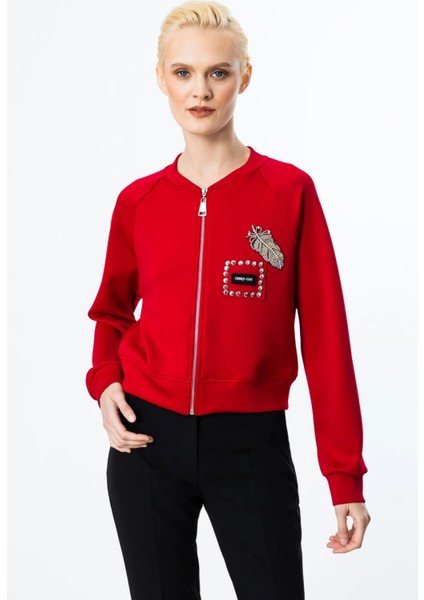 Önü Aksesuarlı Crop Ceket Kırmızı 56564